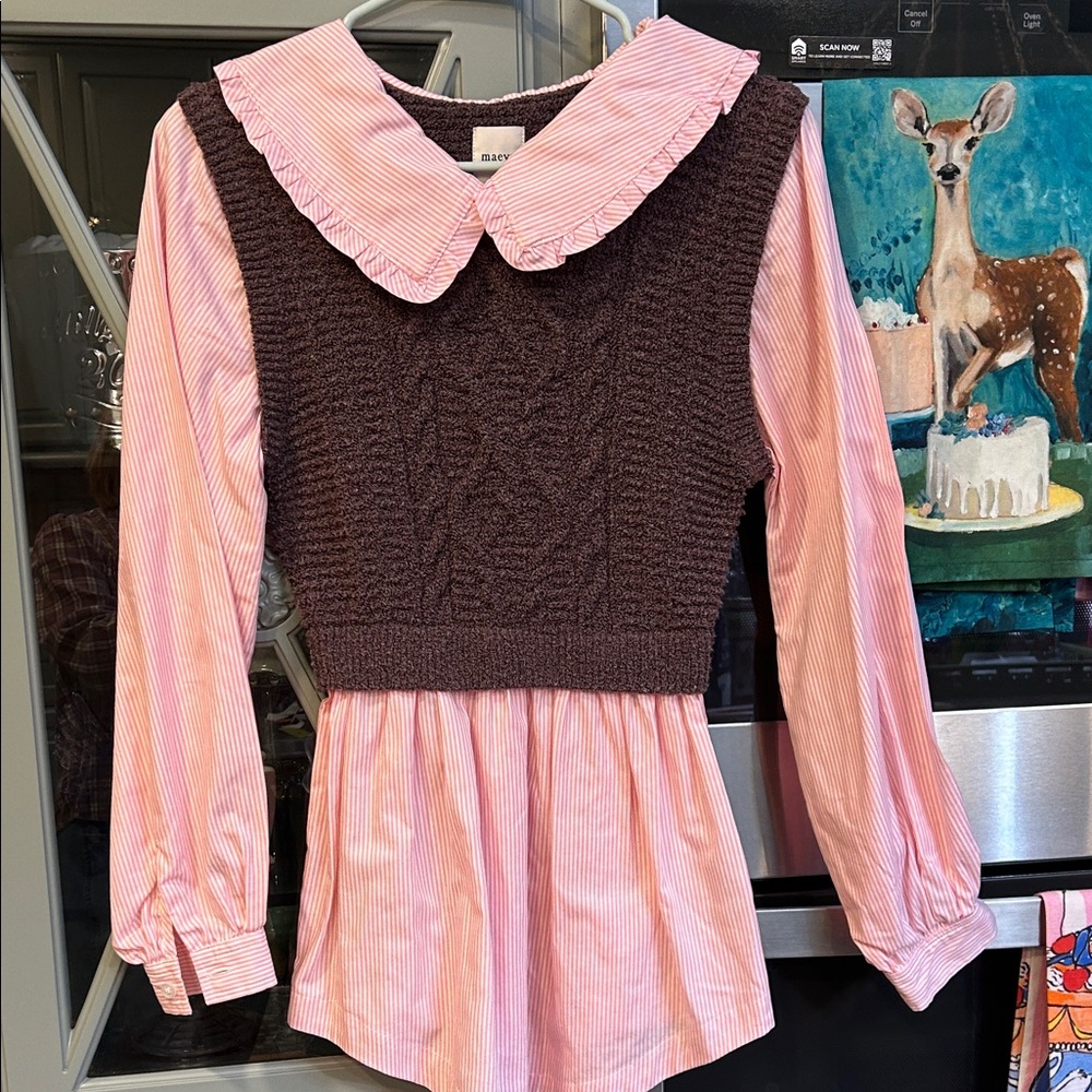 Anthropologie Maeve Pink and Brown Layered Twofer Sweater XS
